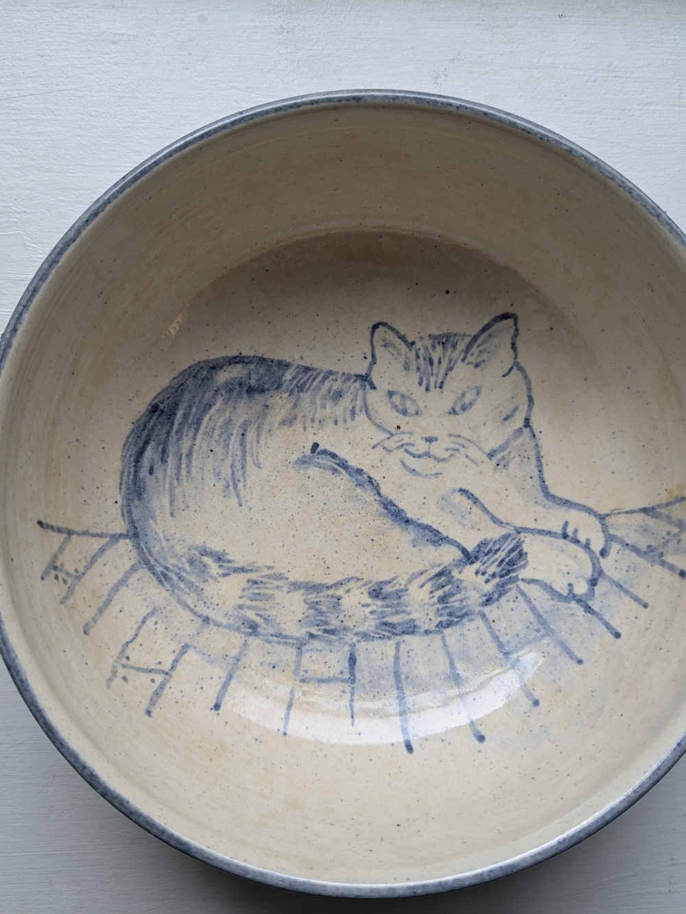 Handpainted Ceramic Cat Serving Bowl in Beige and Blue